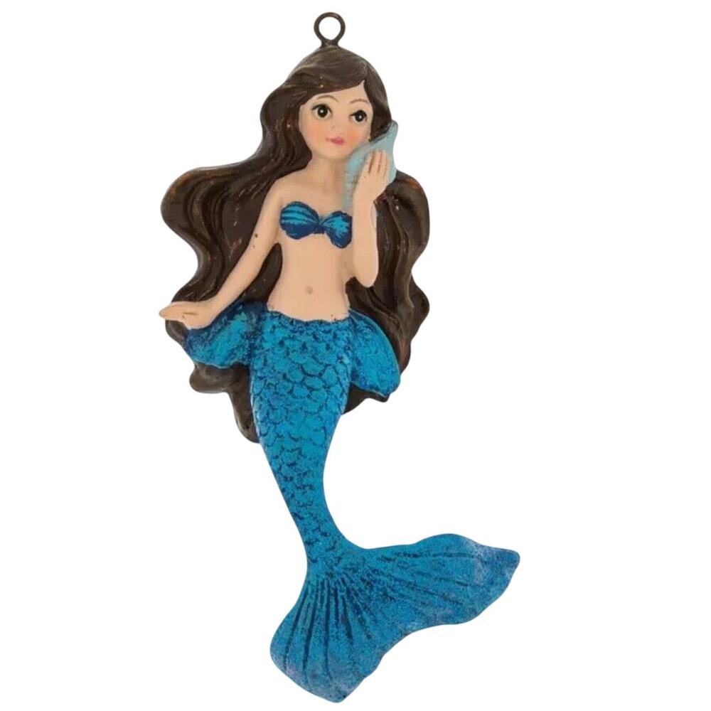 Mermaid Ornament Flowing Hair Blue Tail Christmas Tree Beach Nautical